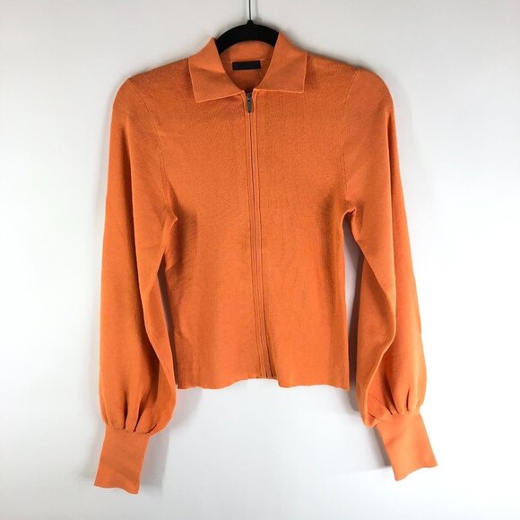 NWT ATM Orange Melon Long Sleeve Collared Balloon Sleeve Zip Cardigan Size S - Picture 1 of 3